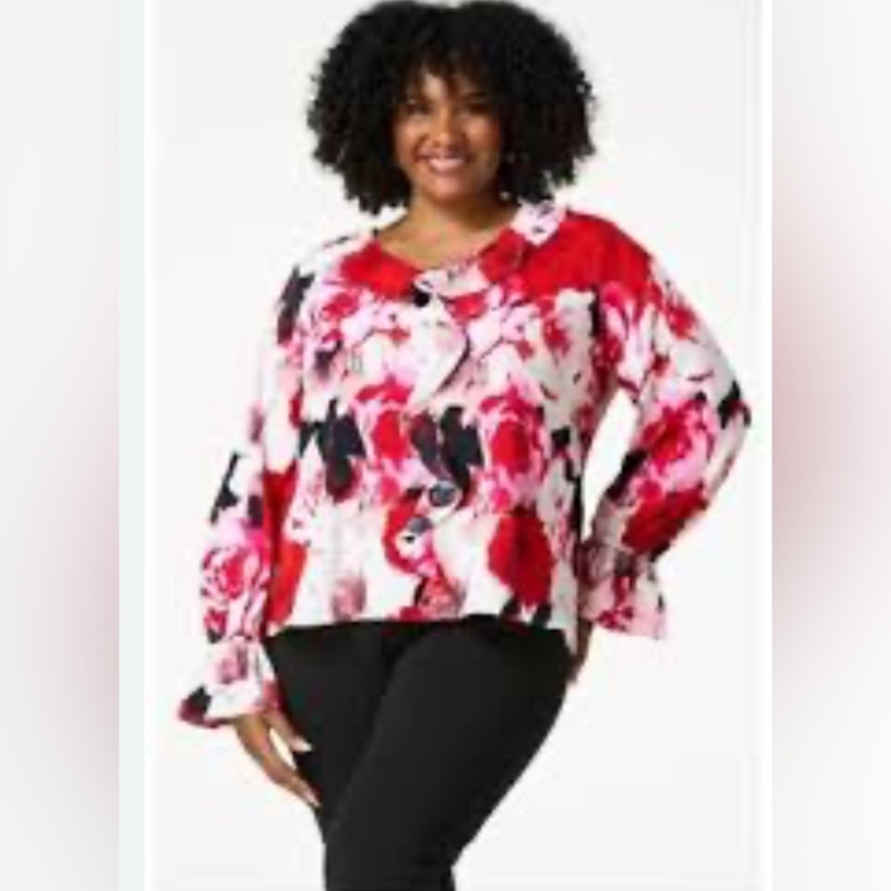 Womens Cato Rose Floral Ruffled‎ Smocked Cuff Top Blouse Shirt